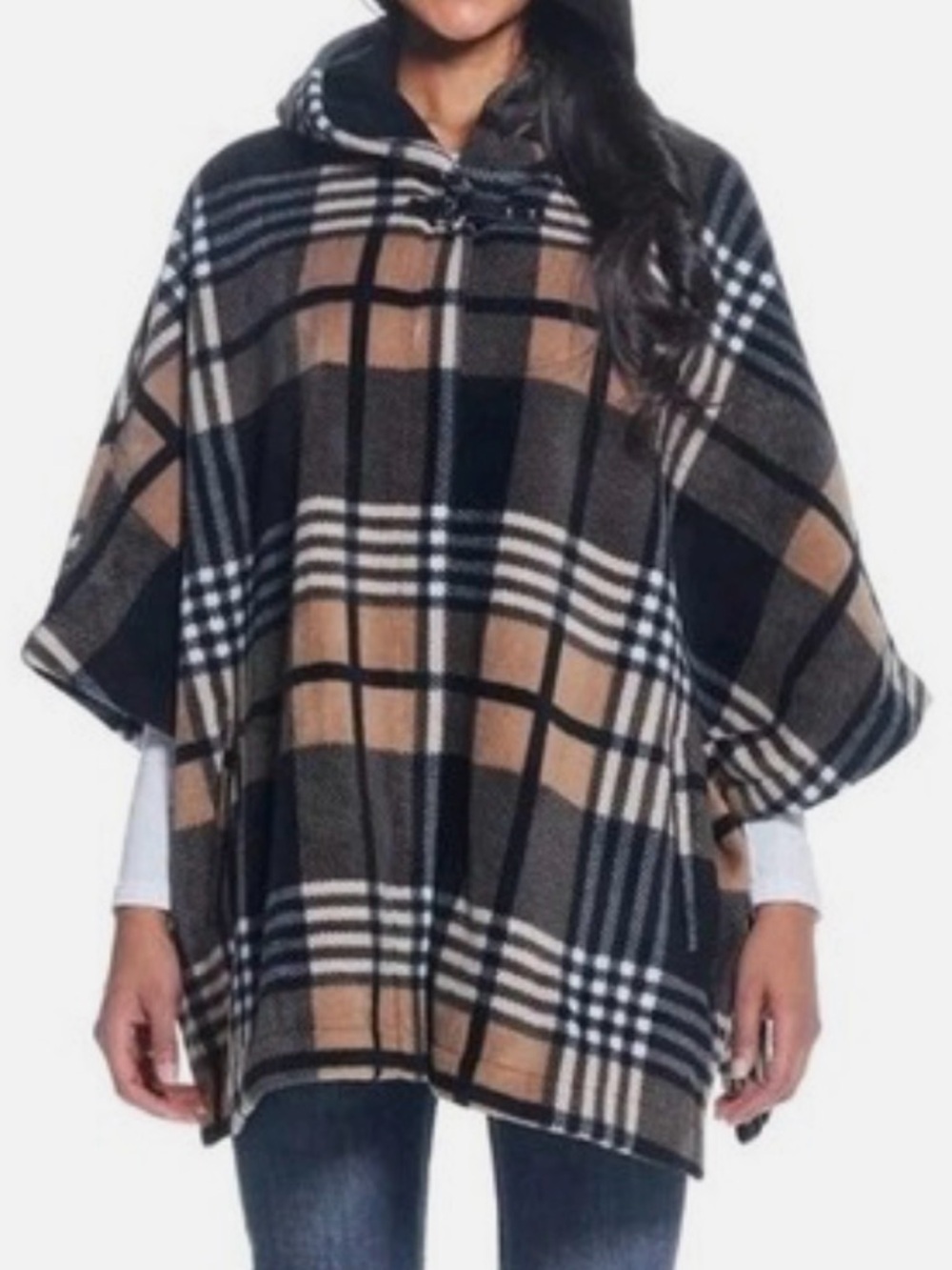 NWT Weatherproof Plaid Hooded Poncho Sweater - Black & Tan One Size